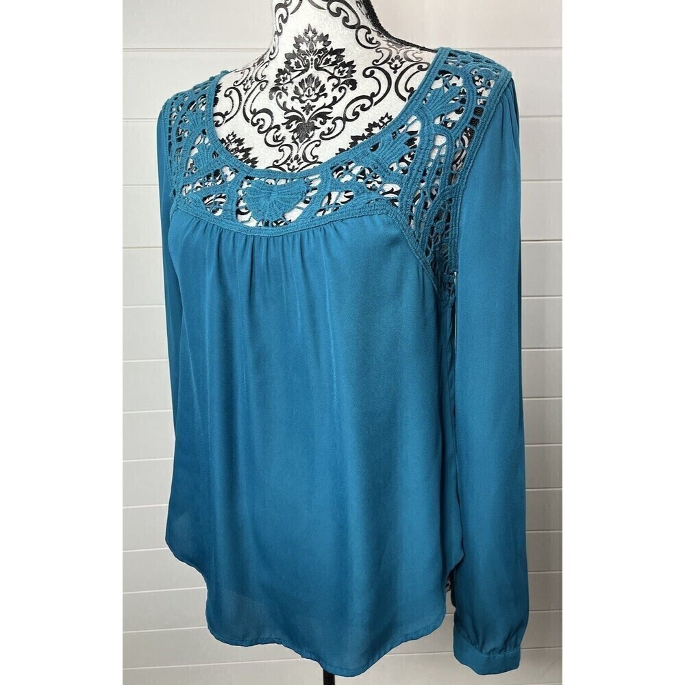 EAM Teal Embroidered Crocheted Floral Long Sleeve Blouse Size Medium Boho